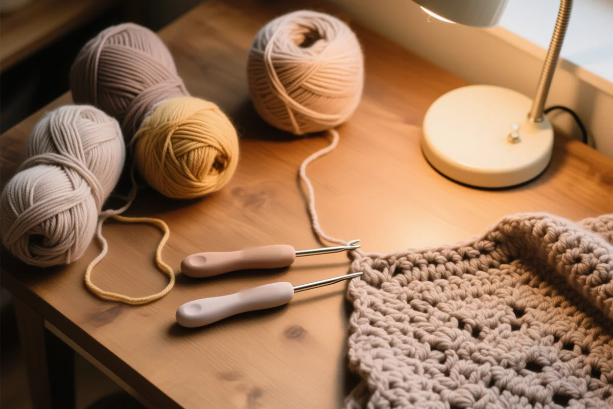 A wooden craft table with skeins of yarn, crochet hooks with soft handles, and a half-finished blanket